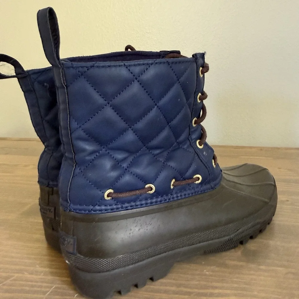 Sperry Womens 8 Brown Blue Quilted‎ Lace Up Waterproof Rubber Rain Winter Boots